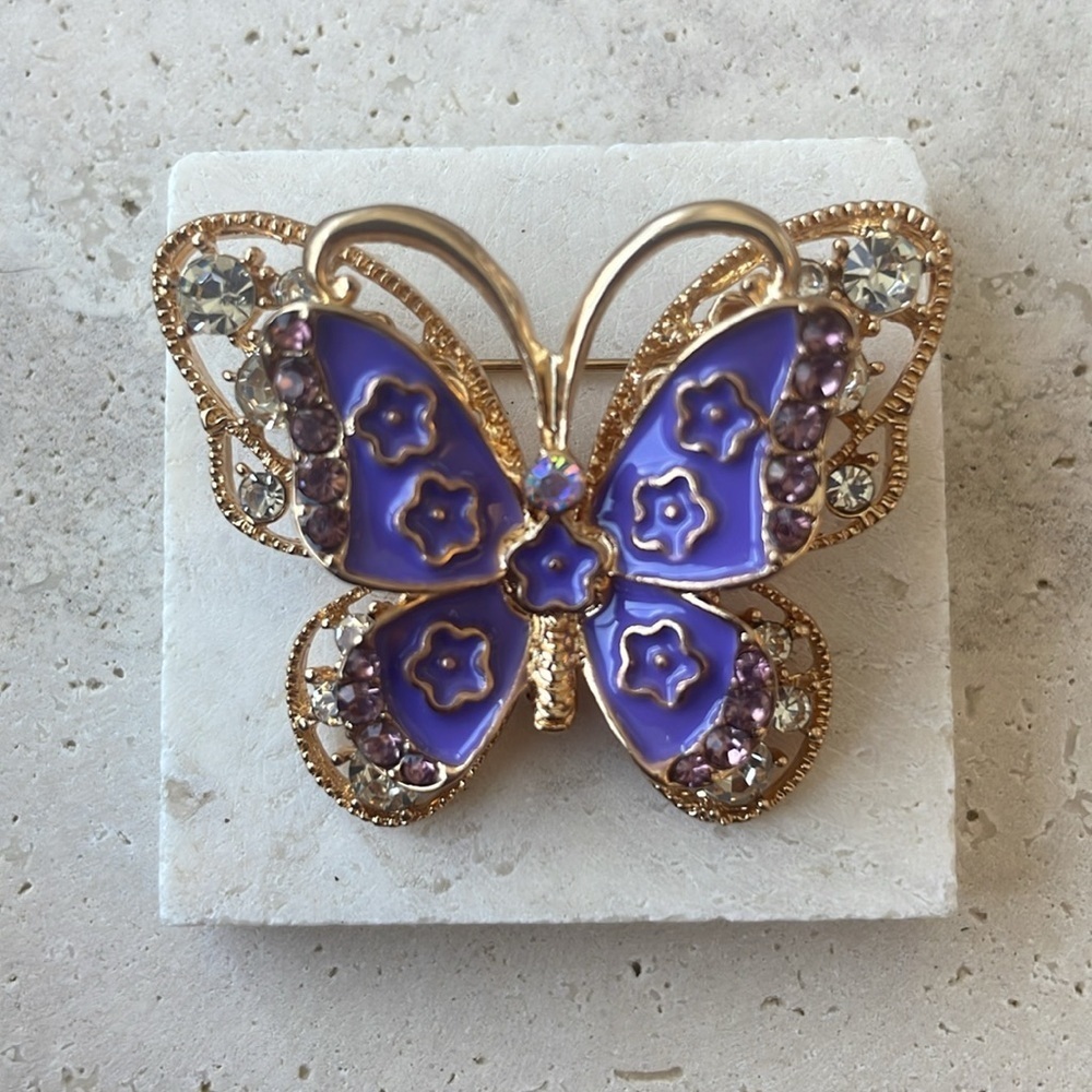 Anthropologie Purple Crystal Butterfly Brooch Gold Tone Pin